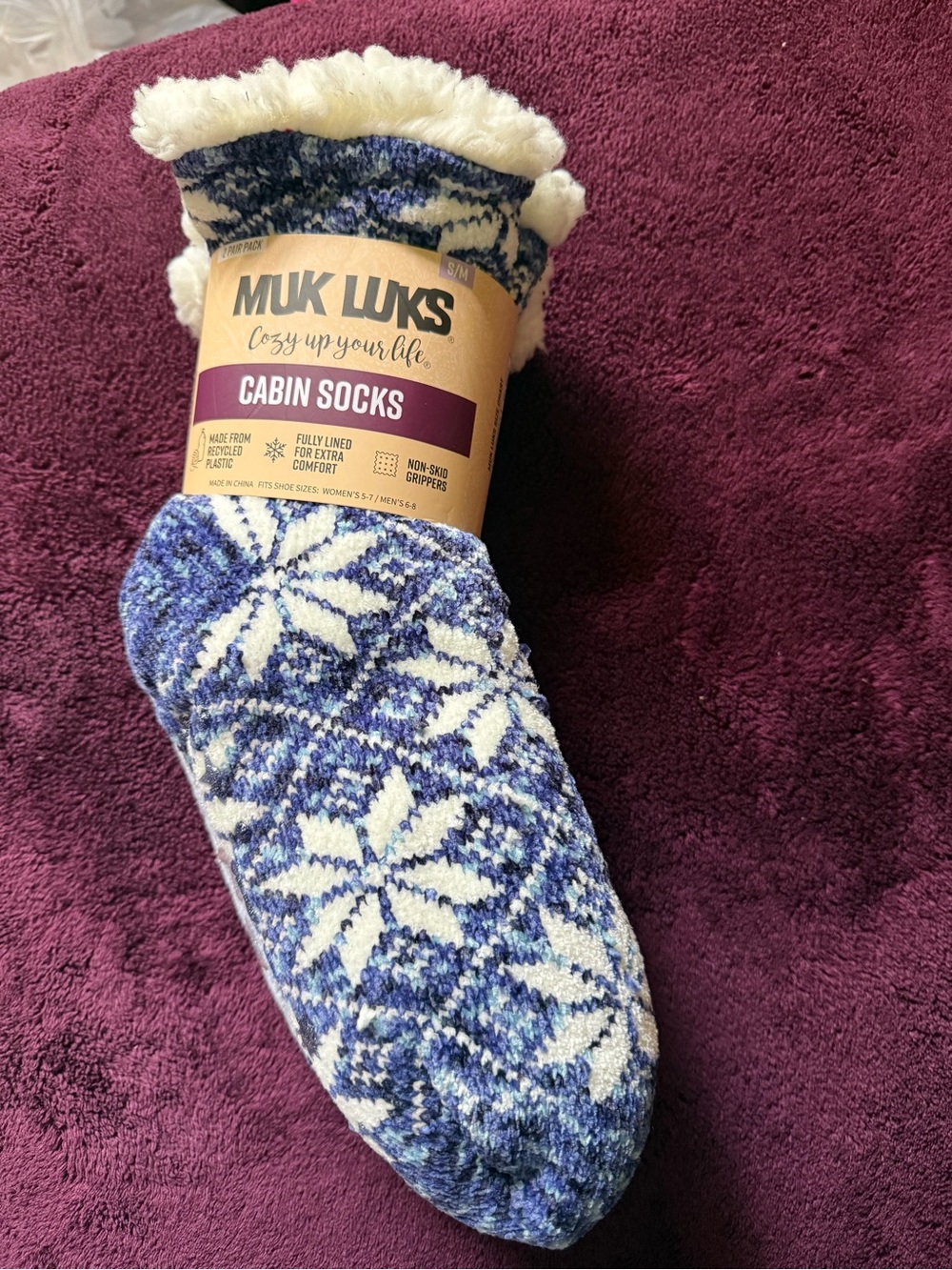 Muk Luks Blue and White Snowflake Cabin Socks with Plush Lining